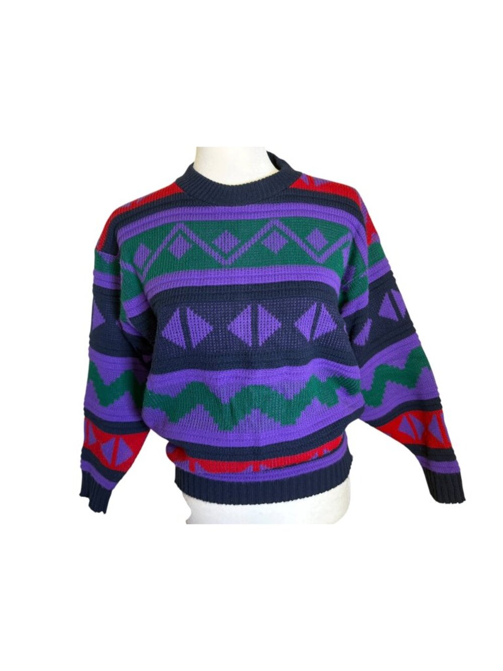 Vintage 90s Cabin Creek Knit Sweater Geometric Purple Green Red - Size Medium
